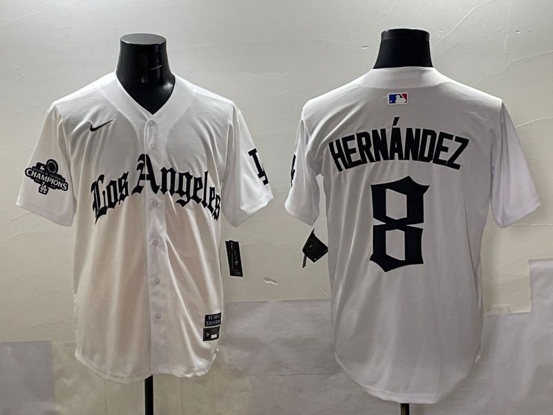 Men 2025 Los Angeles Dodgers #8 Hernandez White Five generations Joint Name Nike MLB Jersey style 5181